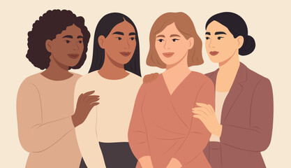 Obraz premium Vector flat horizontal banner for International Women's Day, women of different cultures and nationalities stand together, giving support. Movements for gender equality and women's empowerment