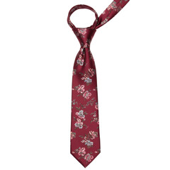 Elegant burgundy tie with floral pattern, knotted and detailed close-up.