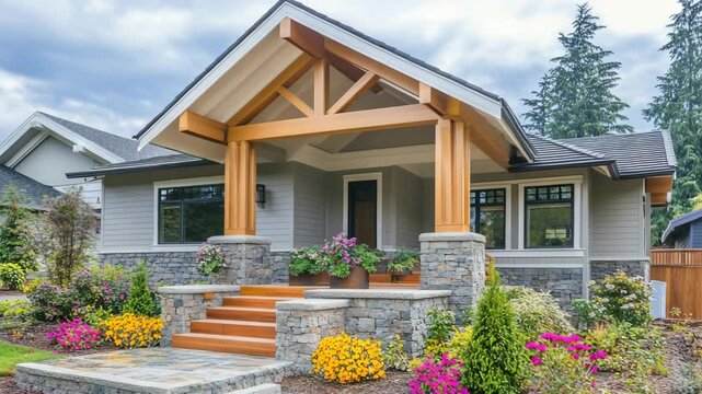 Front yard of craftsman-style home with stone steps, wood columns, seasonal flowers, and light gray siding