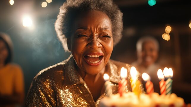 A joyful elderly woman is smiling brightly while blowing out candles on a beautifully decorated birthday cake, surrounded by friends celebrating a special occasion together.