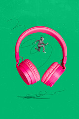 Template sketch image composite artwork collage of huge size headphones small man jump psychedelic...