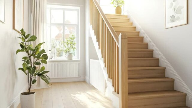 Scandinavian-style stair landing with pale wood floors, white walls, and a clean oak balustrade