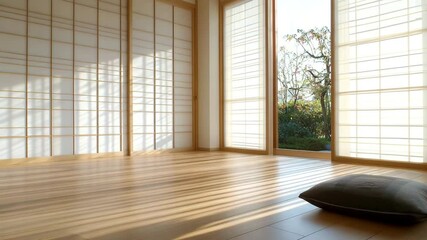 Room with sliding screens bamboo flooring gentle morning light minimal decor highlighting textures and shadows - Powered by Adobe