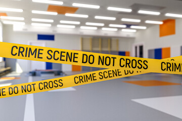 Yellow tape with the words Crime Scene Do Not Cross written on it. The tape is placed in school gym room. 3d render