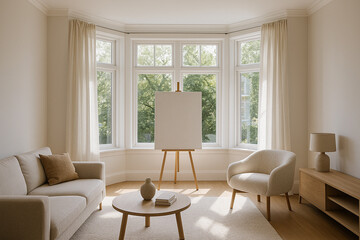 Fototapeta premium Sunlit Beige Living Room with Wooden Furniture and Blank Canvas on Easel livingroom sofa