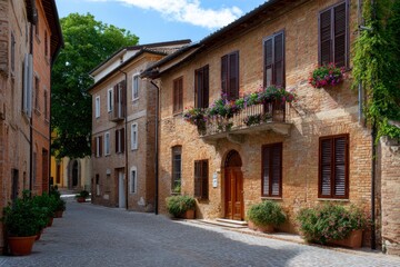 Fototapeta premium Brick buildings line a narrow street in Italy featuring flowerfilled balconies window shutters cobblestone road