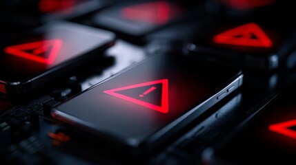 Close-up of smartphone screen displaying red warning alert symbol, tech devices in background, concept of product recall, safety warning and technology risk management.