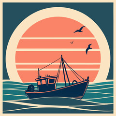 Fishing Boat and Tugboat Vector Scene Set with Sailors and Scenic Backgrounds