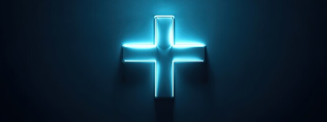 Obraz premium Glowing Neon Cross Symbol Dark Blue Background Medical Hope Faith