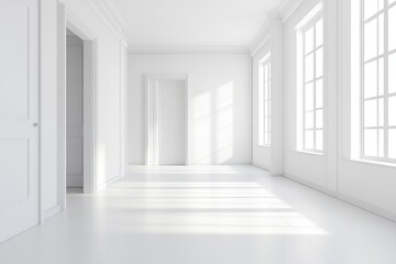 Minimalist bright white interior with modern windows and clean architectural lines