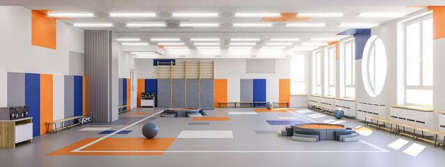 Modern school gym interior. The sport room in the school or kindergarten. 3d render
