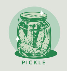 Pickles, cucumbers in a jar, hand drawn sketch, realistic vector illustration