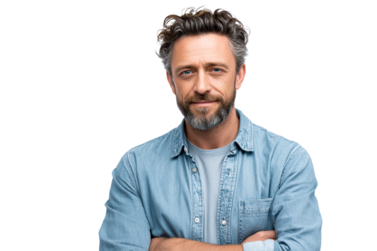 Smiling man with beard wearing denim shirt on transparent background