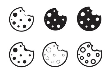 Six bitten black and white cookie icons are arranged on a white background