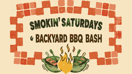 Image of a smokin saturdays and backyard bbq bash graphic with fire and cooking pots in a checkered frame