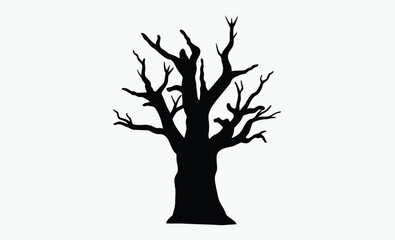 Bare tree silhouette, leafless tree drawing, spooky tree outline, hand drawn illustration