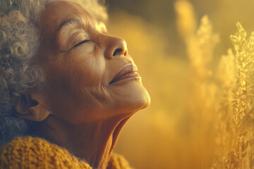 Elderly African American woman embracing sunlight amidst golden fields.