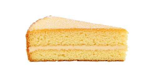 Fototapeta premium Sweet sponge cake slice with creamy layer and sugar dusting isolated on white transparent background