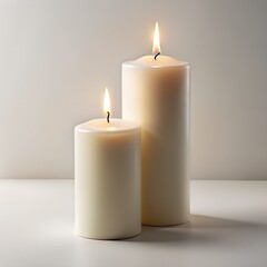 Two burning cream-colored candles on white background