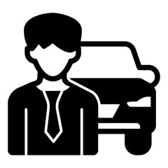 Manager man with new car model solid icon, automobile sales concept. Vector graphics. Car vehicle and customer sign on white background, style mobile or design.