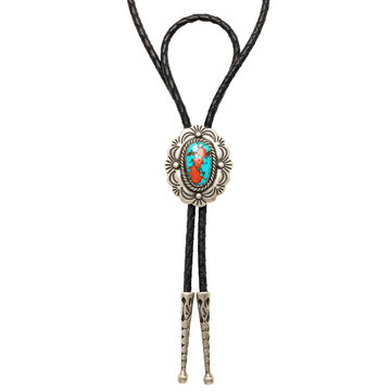 Southwestern style turquoise and silver bolo tie with intricate detailing