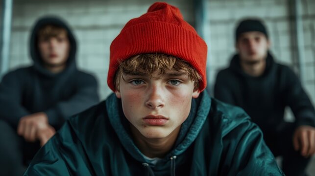 A striking portrait of a young individual in a beanie, surrounded by friends in a gritty urban environment, radiating strength and an expression of youthful determination.