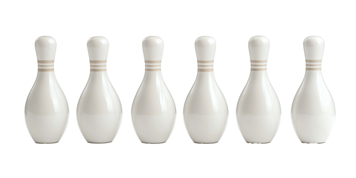 Six white bowling pins in row sports equipment set isolated on white transparent background