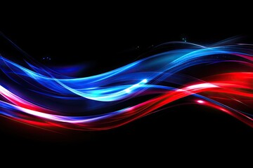 Abstract swirling waves of red and blue light against a black background