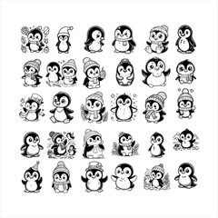 Line art of penguin cartoon vector .black and white cartoon pinguin character (vector set illustration), coloring book for children. © Avra