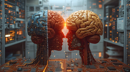 Exploring the intersection of human biology and artificial intelligence a captivating depiction of two intricately detailed brain structures merging technology & nature within a futuristic server room