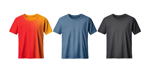 Set of colorful blank t-shirts in red, blue and black isolated on white transparent background