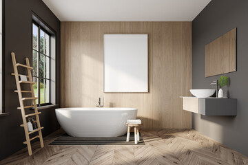 Modern minimalist bathroom wall art frame mockup with freestanding bathtub and wooden decor in natural lighting – Scandinavian interior design JPG