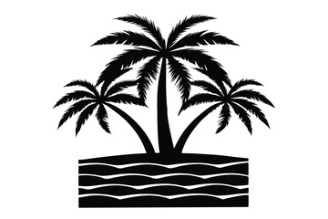 Three black palm trees stand on a sandy island surrounded by rippling water