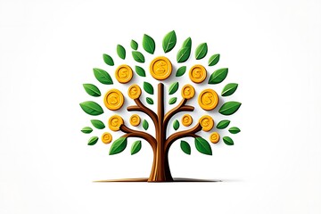 Obraz premium Stylized illustration of a money tree with a brown trunk and branches adorned with numerous golden coins featuring dollar signs and vibrant green leaves set against a clean white backdrop