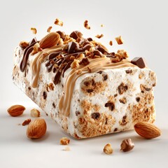 Decadent Nougat Ice Cream Bar: Richly Drizzled with Chocolate and Caramel, Topped with Crunchy Almonds and Nut Pieces A Gourmet Frozen Dessert Indulgence