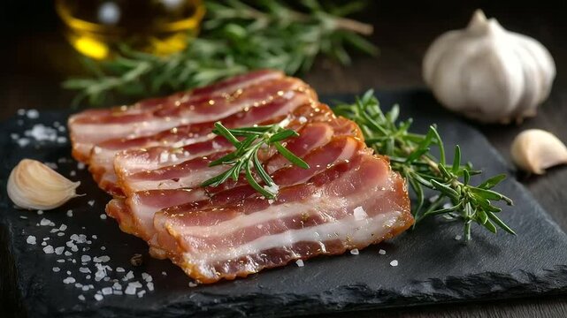 Succulent bacon slices laid in a fan shape on a dark stone platter, garnished with rosemary, garlic cloves, and coarse salt for a gourmet presentation