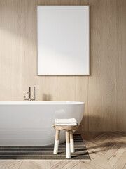 Blank vertical frame mockup above bathtub in Scandinavian modern bathroom with wood wall and neutral flooring – close-up view JPG