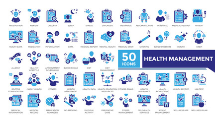 Health management icon solid two color set collection. his set includes anxiety, medical report, mental health, medical exam and more icons in solid style. Vector icons collection for infographics