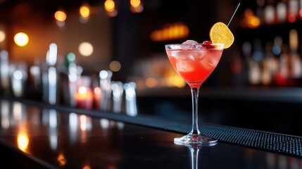 A vibrant cocktail garnished with a slice of lemon and cherries, sitting elegantly at a well-designed bar with a soft, atmospheric background perfect for a night out.