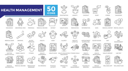 Health management lineal icon set collection. This set includes anxiety, checkup, medical report, mental health, medical exam and more icons in lineal style. Vector icons collection for infographics