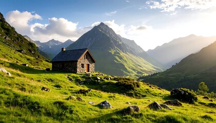 Mountain Cabin with Green Valley Sunset.