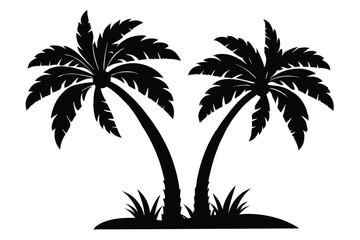 Two silhouette palm trees stand tall with surrounding foliage on a white backdrop