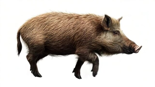 Wild Boar Walking Isolated on White Background, Side View, Detailed Illustration