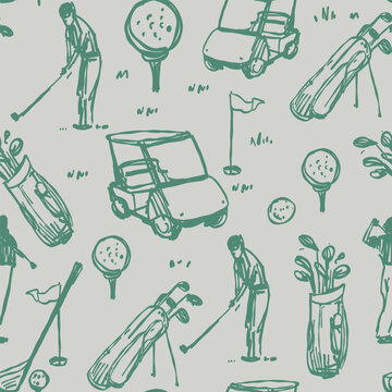 Golf sketch seamless pattern. Sports tools vector illustration. Hand drawn vintage style, isolated
