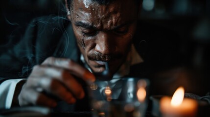 A man dramatically focused on a glass with intensity, illuminated by soft candlelight, reflecting emotions like contemplation and vulnerability in a shadowy environment.