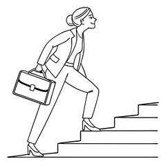 Businesswoman in suit climbing stairs carrying briefcase line drawing art Silhouette