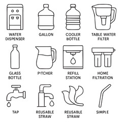 Black and White Vector Icon Set of Drinking Water Equipment – Minimalist Line Art Style