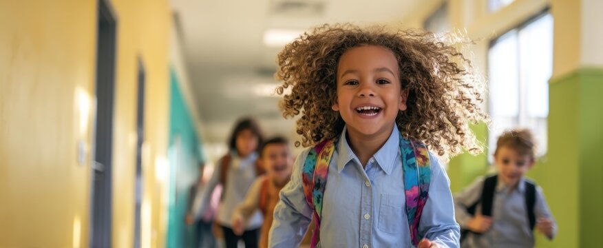 The joyful children running down the school hallway with bright smiles.