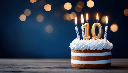 Delicious birthday cake with creamy frosting and five lit candles, celebrating special 10th birthday. warm glow of candles adds festive atmosphere to scene