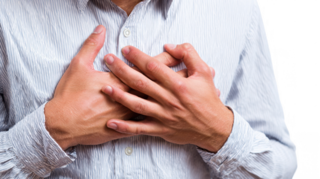 Office worker suffering from chest pain, clutching his chest with both hands, possibly indicating a heart attack or other medical emergency on a transparent background
